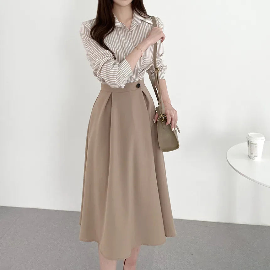 Vestido Chemise a Rayas Cintura Alta