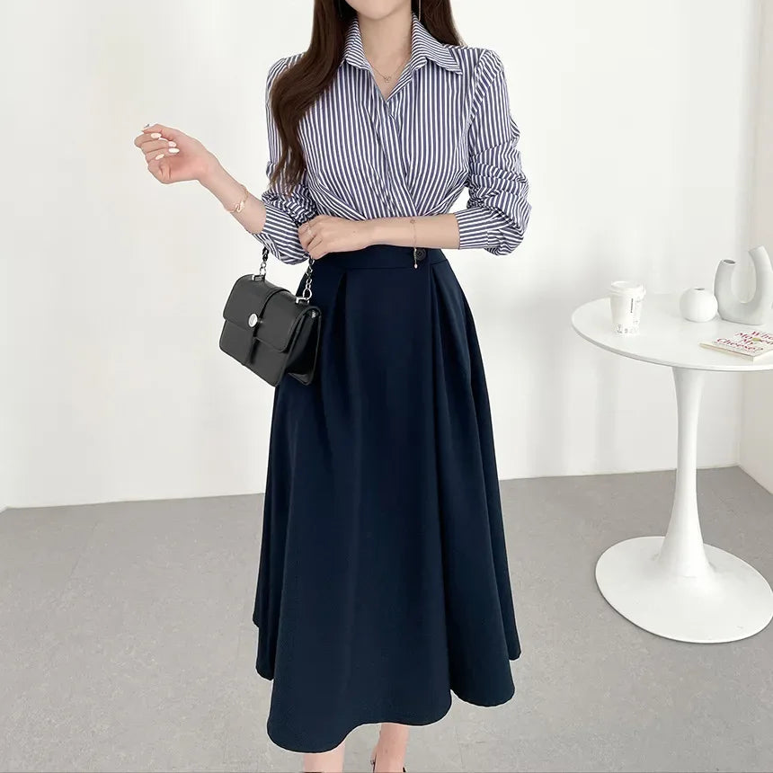 Vestido Chemise a Rayas Cintura Alta