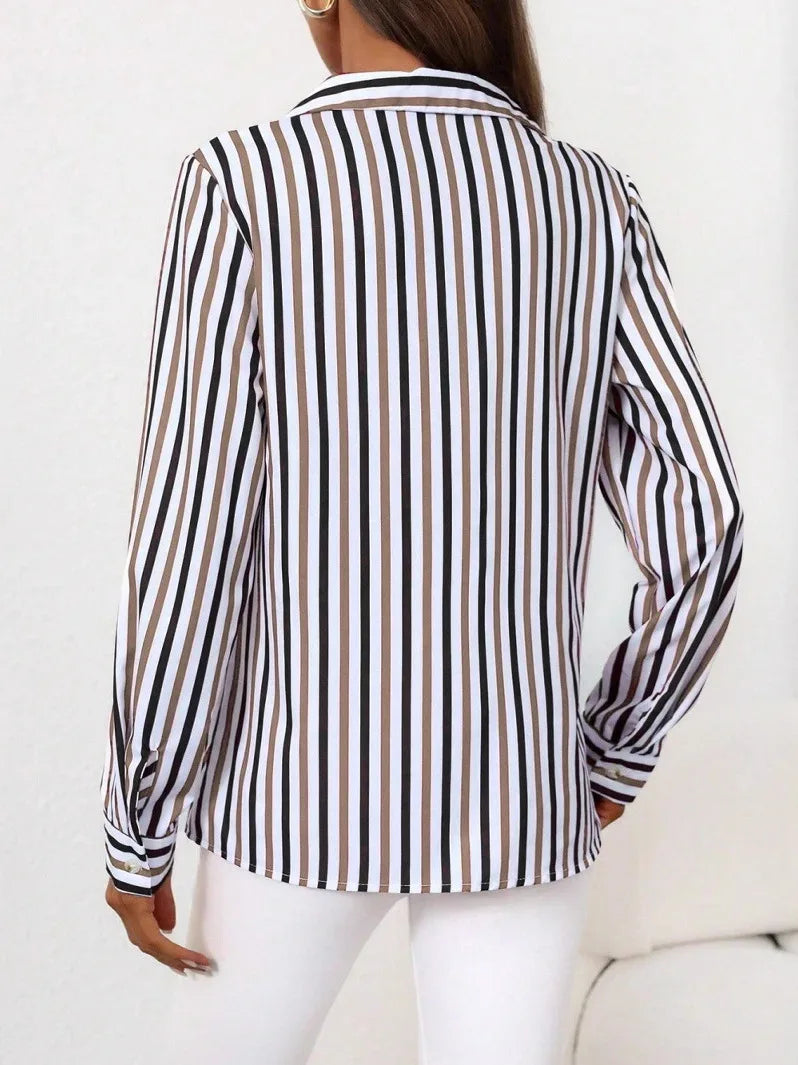 Women's Double Tone Striped Lapel Long Sve irt Casual Sle Regular Fit Other Material 00% Summer Collection