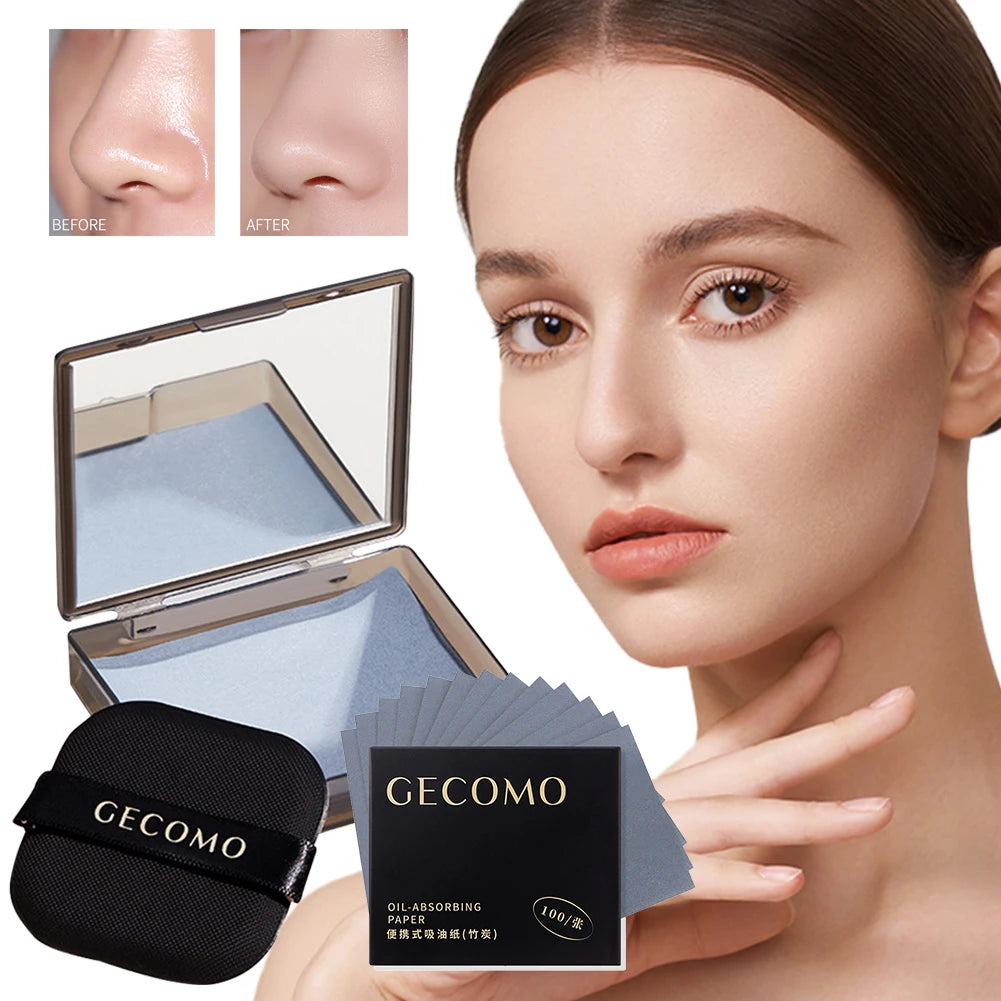 Bamboo Charcoal Oil Blotting Sheets – 100 Sheets with Case & Powder Puff