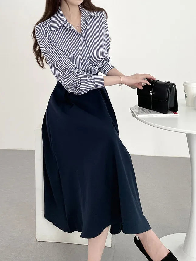 Vestido Chemise a Rayas Cintura Alta
