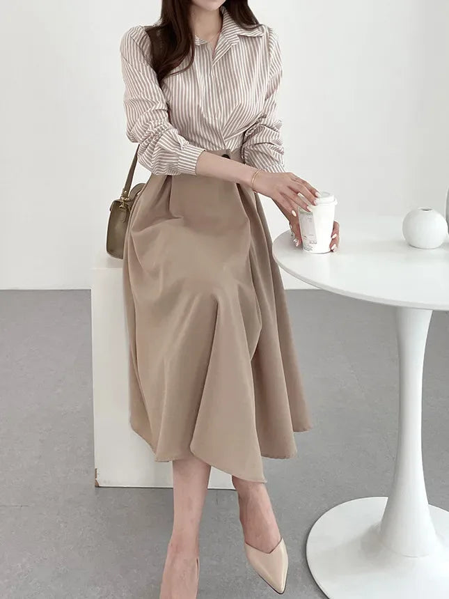 Vestido Chemise a Rayas Cintura Alta