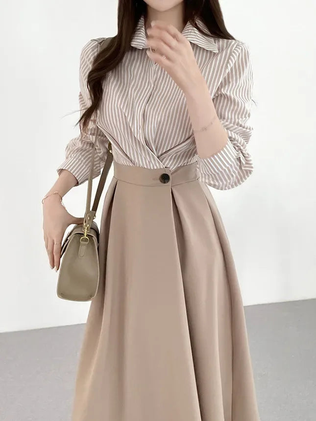 Vestido Chemise a Rayas Cintura Alta