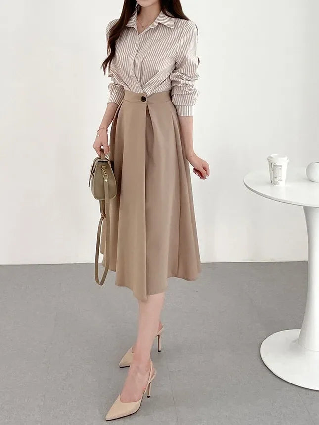 Vestido Chemise a Rayas Cintura Alta