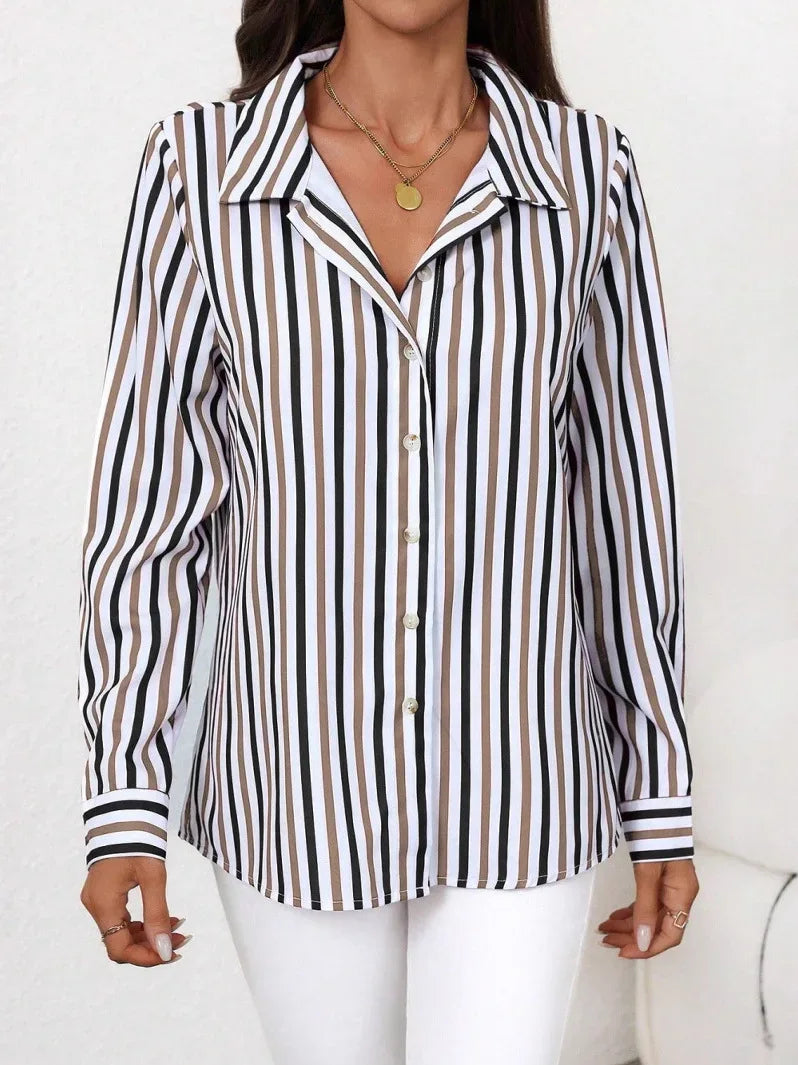 Women's Double Tone Striped Lapel Long Sve irt Casual Sle Regular Fit Other Material 00% Summer Collection