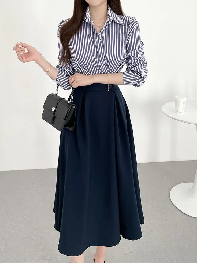 Vestido Chemise a Rayas Cintura Alta